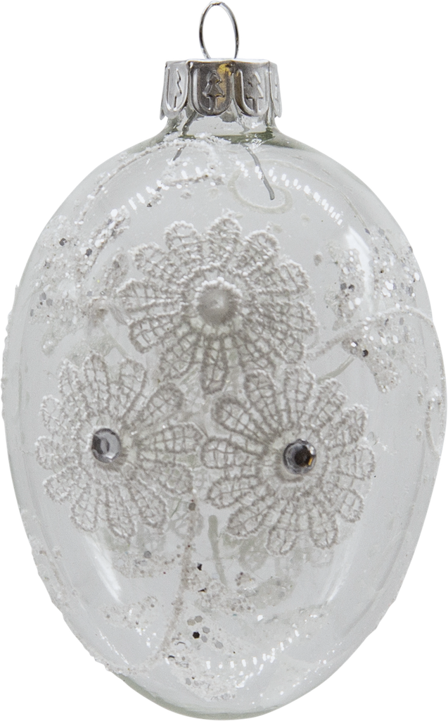 LACE Egg to hang 9 cm Glass clear with Rhinestones & Lace