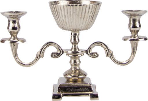 [19052A99] Candleholder 2-armed with Metal-Bowl Ø 13 cm Height 25 cm Metal antique-silver